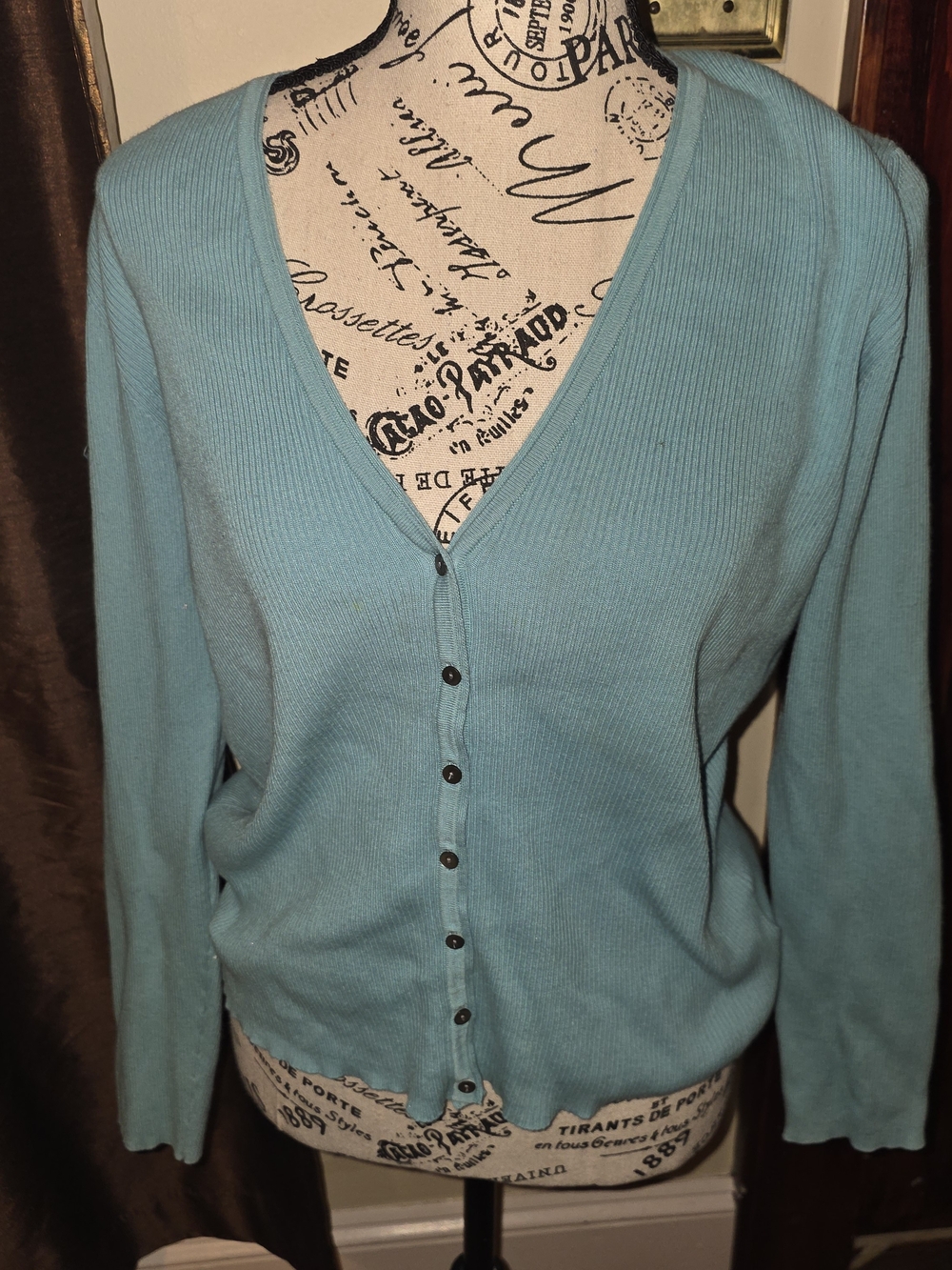 Eddie Bauer Blue V-Neck Button Cardigan Large Stretch Pima Cotton